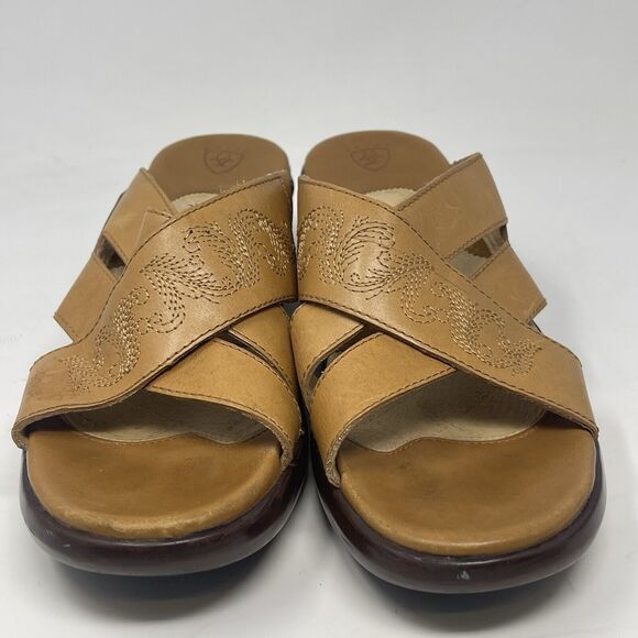 Ariat Wedge Heel Slide Sandals Womens 8.5 B Tan Brown Leather Stitching Western - Picture 5 of 15